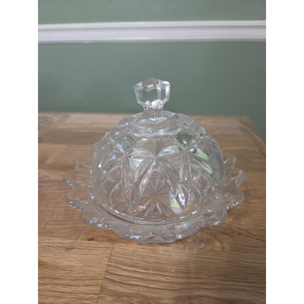 Large Clear Glass Candy Bowl With Lid, Star Shape Etched Design Bottom Dome Top